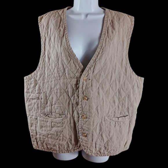Vtg Adirondack L Quilted Linen Vest Tan Neutral Outdoorsy Fall Cottagecore Layer - Picture 2 of 8